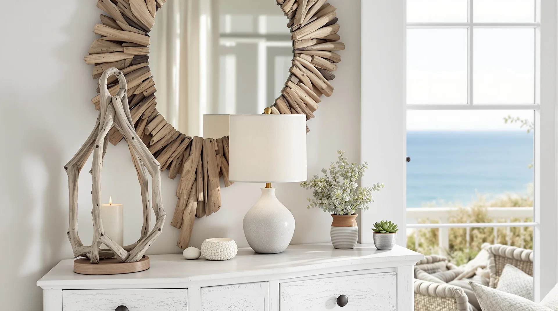 Lanterne en bois flotté, lampe galet en céramique et miroir en bois flotté près d’une fenêtre sur la mer